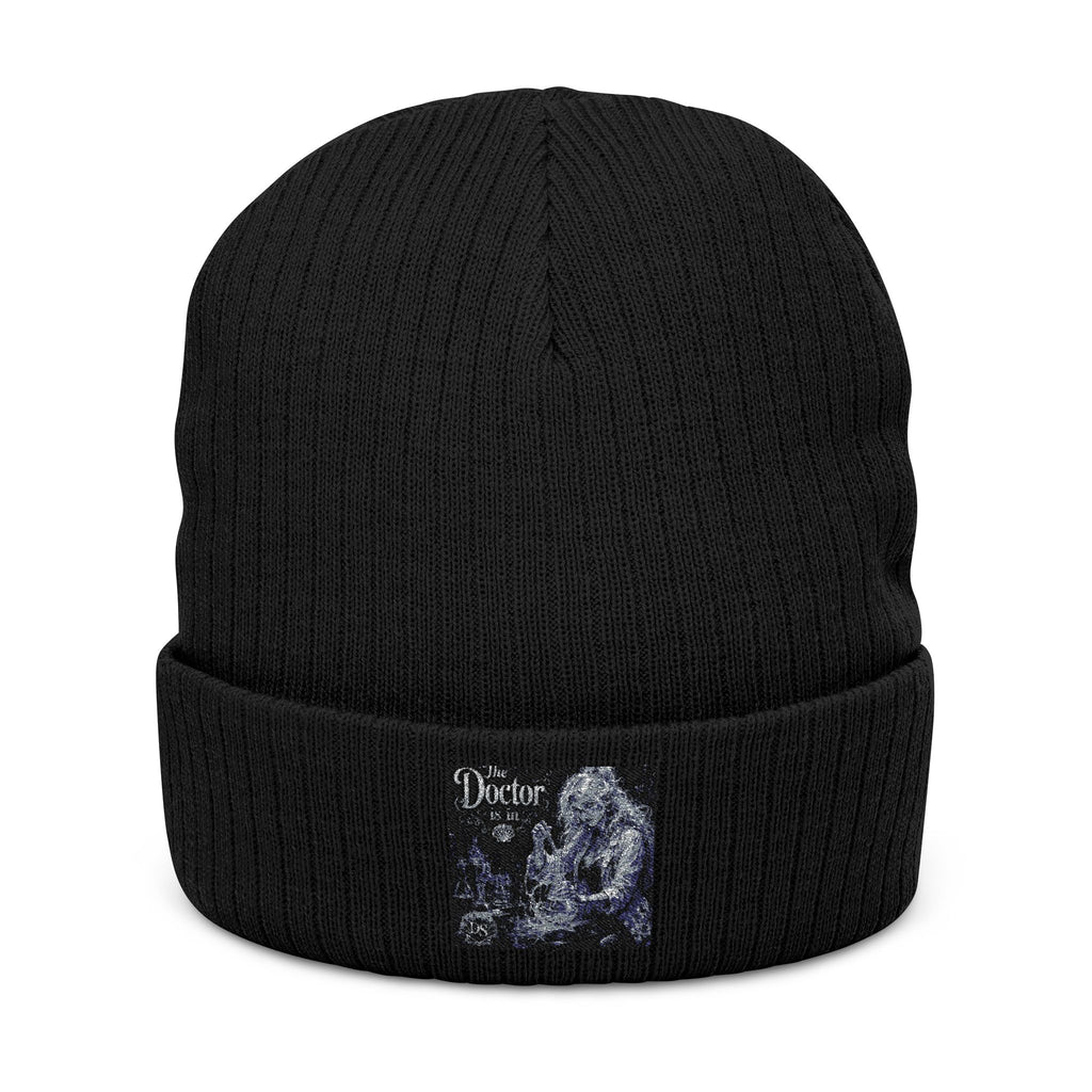 Embroidered Ribbed Knit Beanie – Gothic Wolf Patch Winter Hat