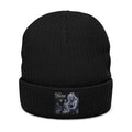 Embroidered Ribbed Knit Beanie – Gothic Wolf Patch Winter Hat
