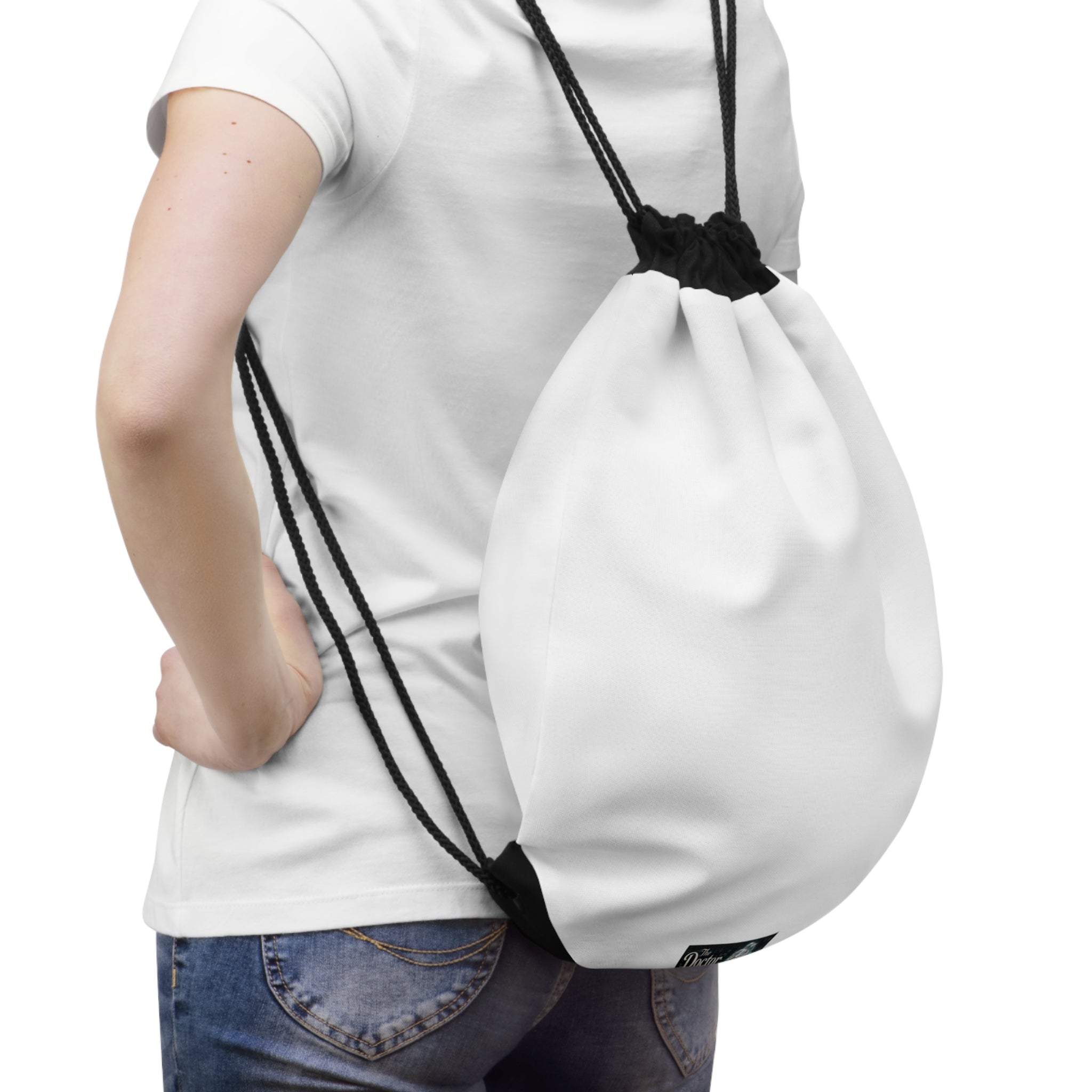 Drawstring Bag — Minimal White Gym Sack with Subtle Teal Accent
